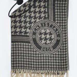 PREMIUM CASHMERE WOOLEN STOLE - BLACK & GREY WITH BEIGE FRINGES